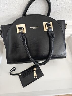 THYP & LEATHER Black Dome Satchel with Matching Zip Pouch
